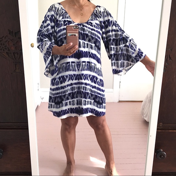 Parker Ikat Tie Dye Silk Dress with Flutter Sleeves in Blue and White Medium M - Picture 2 of 9